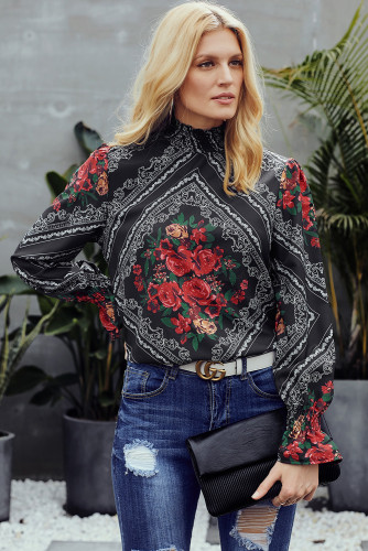 Gothic Red Rose Print Smocked Long Sleeve Blouse