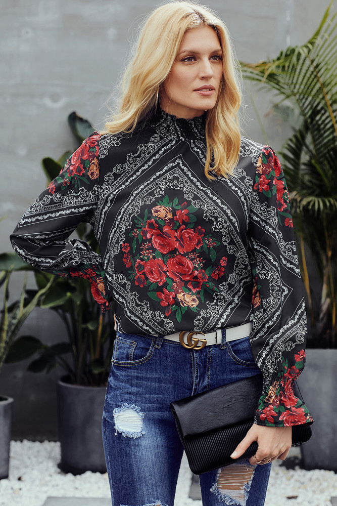 Gothic Red Rose Print Smocked Long Sleeve Blouse
