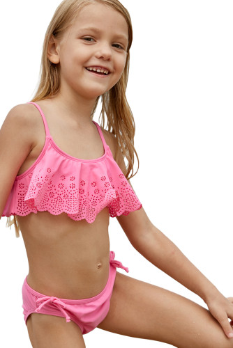 Pink Hollow-out Ruffles Overlay Girls Bikini Set