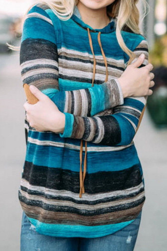 Blue Striped Drawstring Hoodie