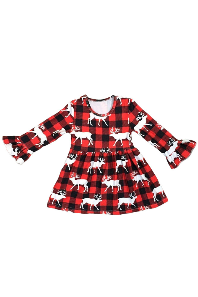 Girls Reindeer Allover Plaid Ruffled Christmas Dress