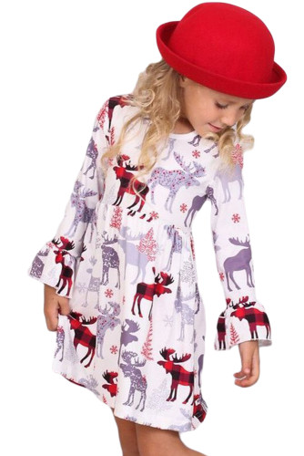 Girls Cute Moose Print Ruffled Christmas Dress