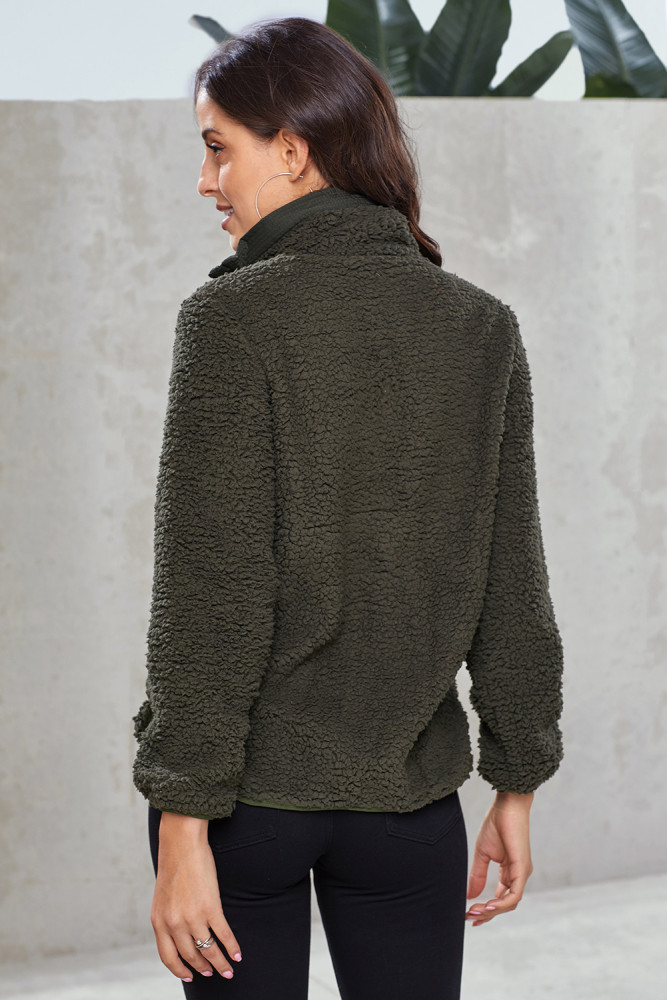 Dark Olive Zip Neck Furry Sweatshirt