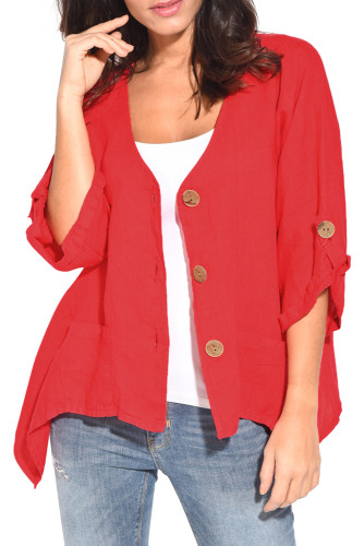 Red Roll Tab Sleeve Button Front Casual Shirt