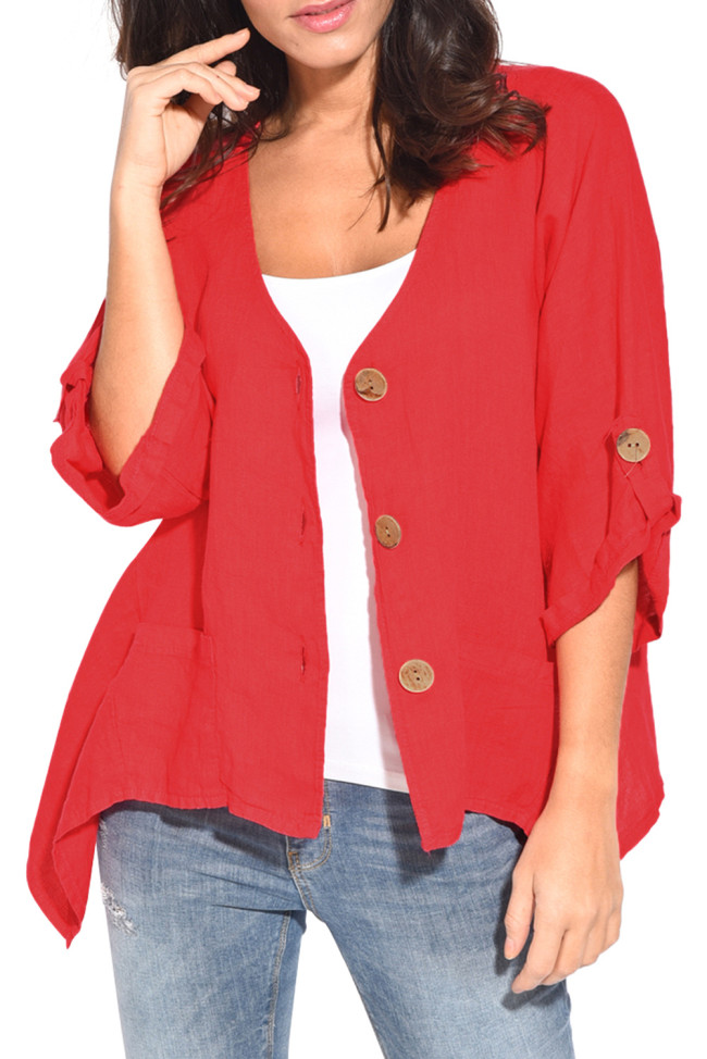 Red Roll Tab Sleeve Button Front Casual Shirt