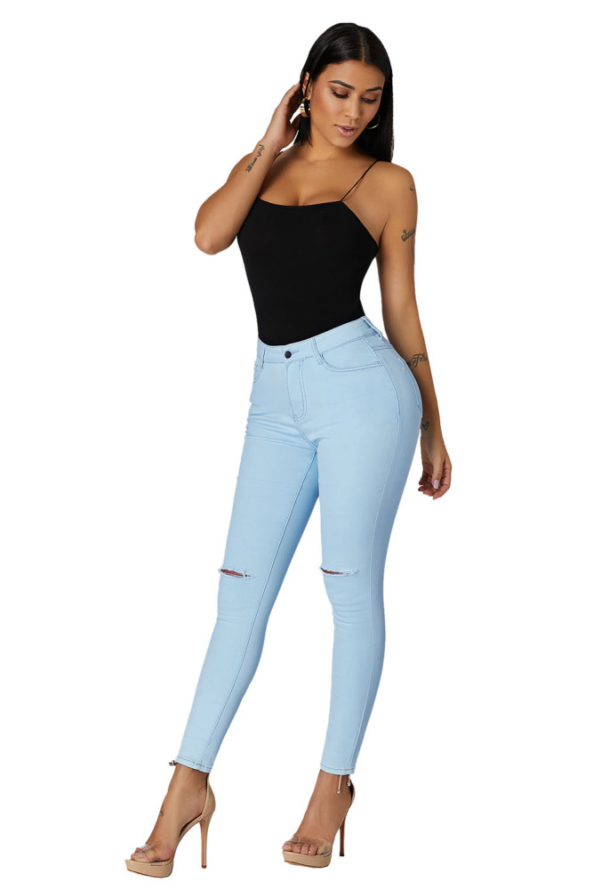 Light Blue Trendy Slit Knee Denim Pants