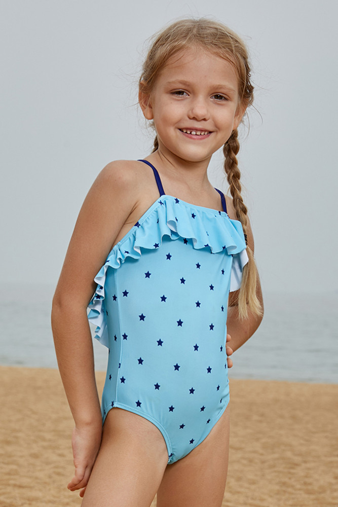 Little Stars Print Turquoise Little Girls Maillot