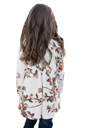 White Floral Key Hole Front Girl's Long Sleeve Top