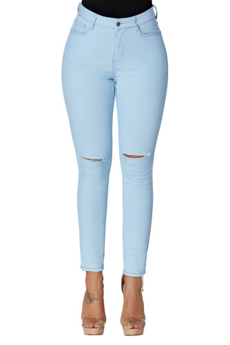 Light Blue Trendy Slit Knee Denim Pants