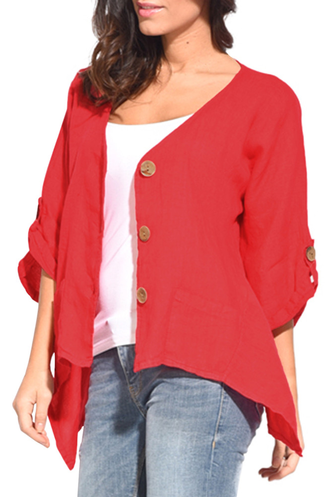 Red Roll Tab Sleeve Button Front Casual Shirt