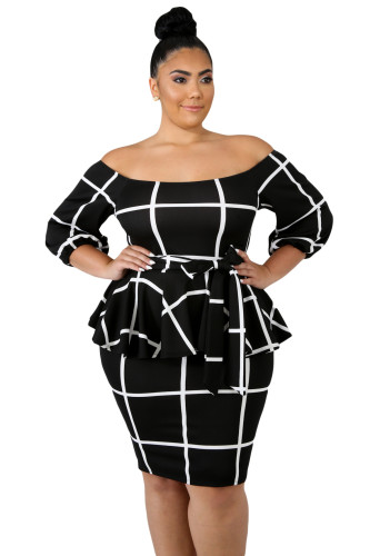 Black White Checked Plus Size Peplum Dress
