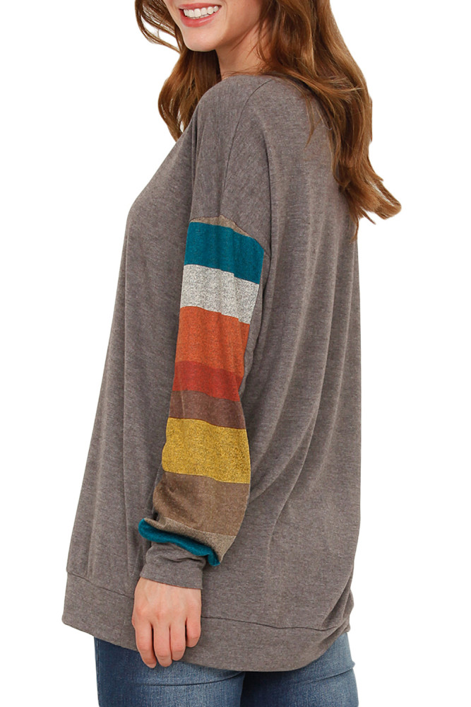 Multicolor Striped Contrast Sleeve Coffee Sweatshirt