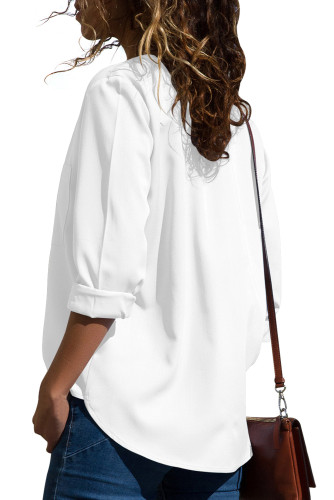 White Pockets V-Neck Long Sleeve Blouse