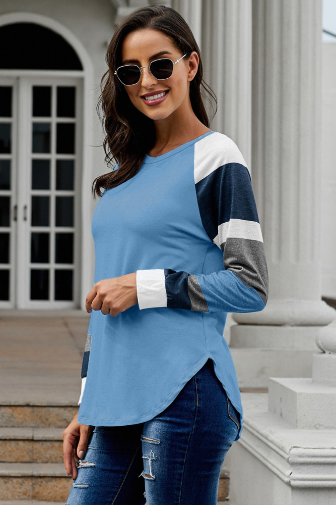 Color Block Long Sleeves Blue Pullover Top