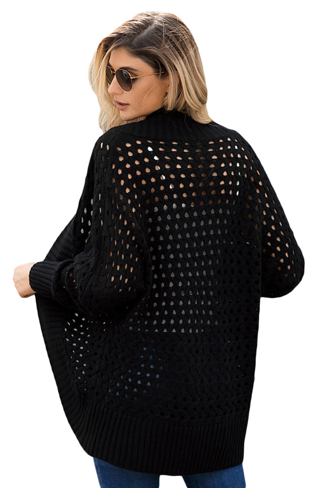 Black Hollow Out Knit Long Sleeves Cardigan