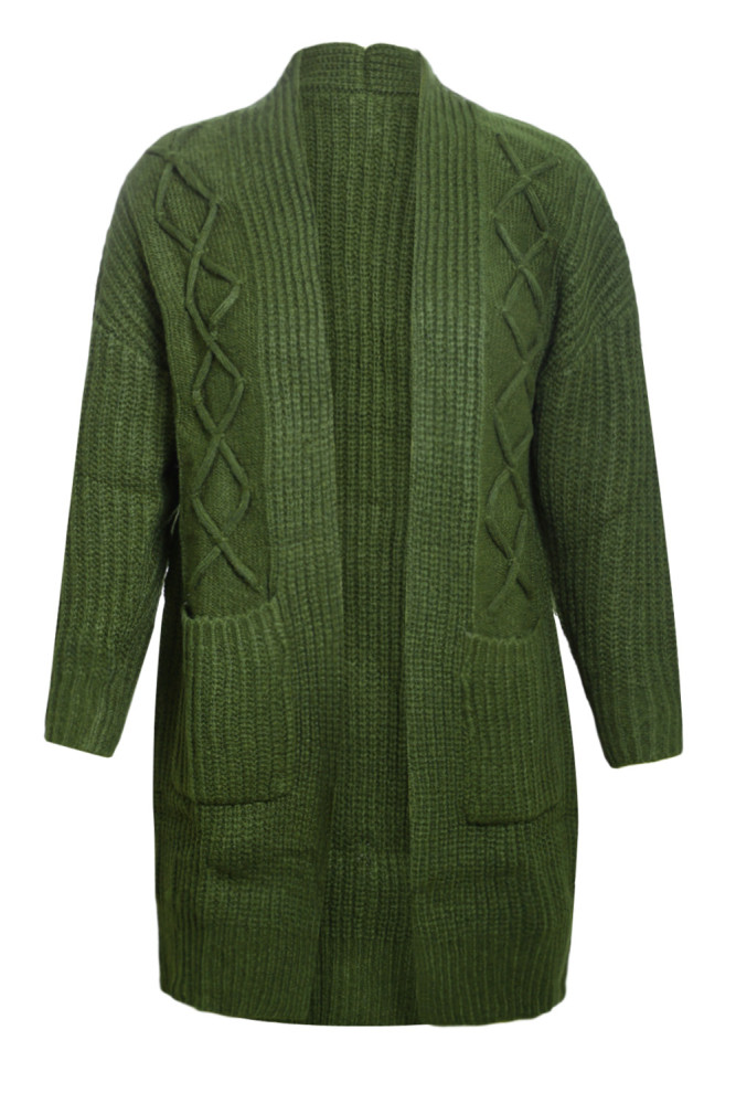 Army Green Pocketed Cable Knit Cardigan