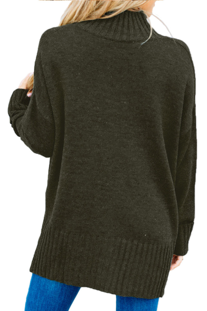 Khaki Green Turn-up Sleeve Turtle Neck Sweater