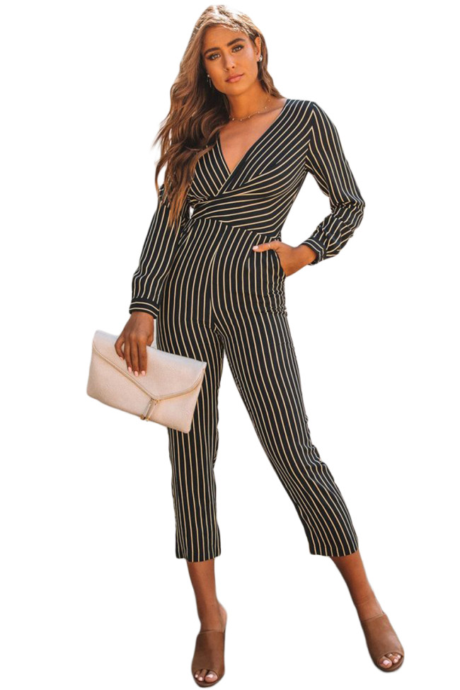 Black Striped Wrap V Neck Long Sleeve Jumpsuit