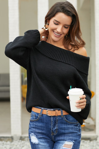 Black Turn-down Collar Show Shoulder Ribbed Sweater