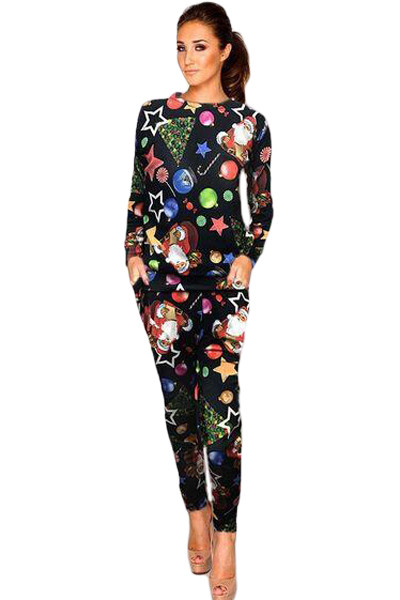 Santa and Ornament Black 2pcs Christmas Tracksuit