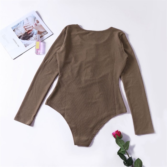 Khaki Long Sleeve Button Front Bodysuit