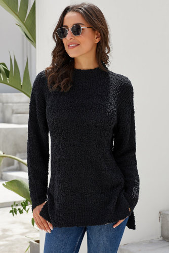 Black Cozy Fall Popcorn Pullover Sweater