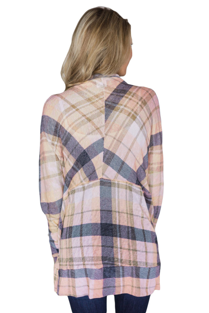 Violet Open Front Irregular Lattice Print Ladies Cardigan Coat