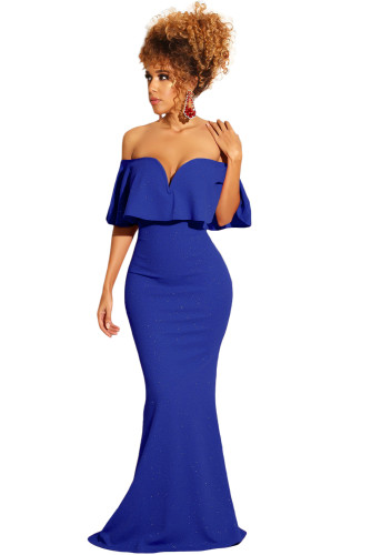 Royal Blue Ruffled Poncho Shiny Off Shoulder Party Gown