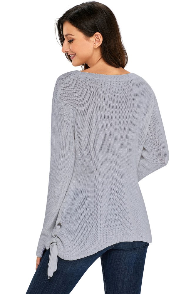 Gray Long Sleeve Lace up Sided Sweater