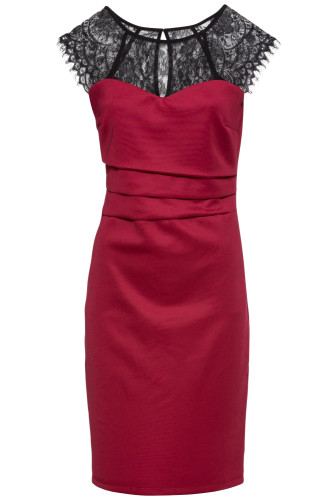 Sheer Lace Yoke Burgundy Sleeveless Bodycon Dress