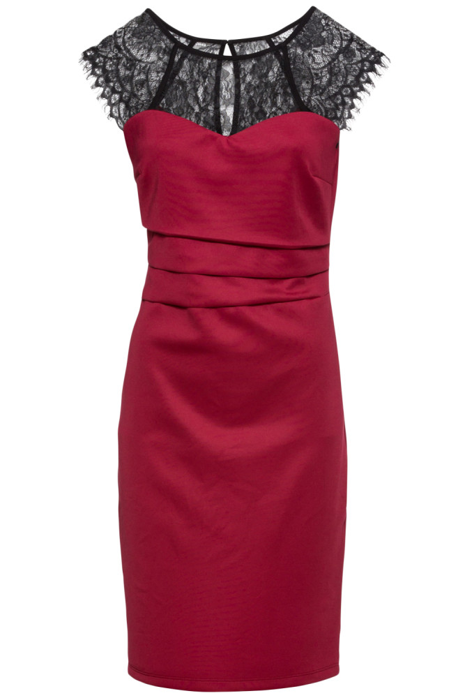 Sheer Lace Yoke Burgundy Sleeveless Bodycon Dress