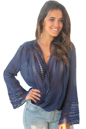 Blue Long Bell Sleeve Crotch V Neck Tunic Top