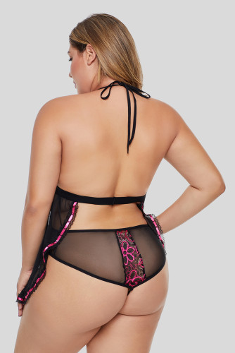 Black Sheer Flyaway Bowknot Lace Trim Babydoll