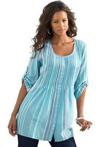 Blue Pleated Stripe Button Front Tunic