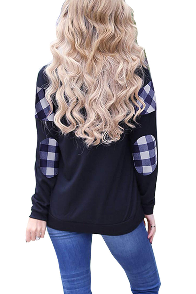 Blue Color Block Plaid Shirt Crew Neck Elbow Patch Sweatshirt