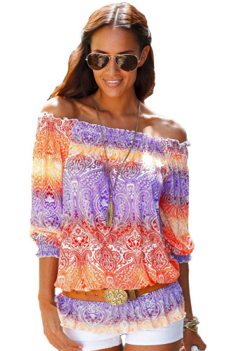 Color Block Gypsy Off Shoulder Half Sleeve Blouse