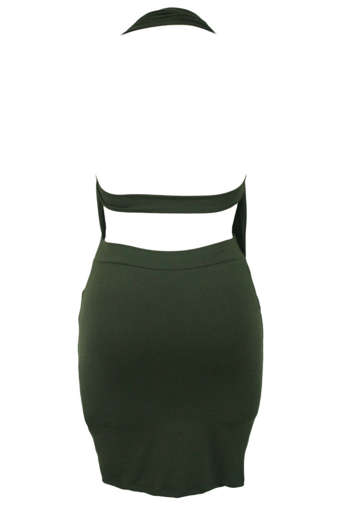 Olive Daring Plunge Ruched Halter Dress
