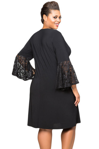 Black Sequin Lace Bell Sleeve Plus Size Mini Dress