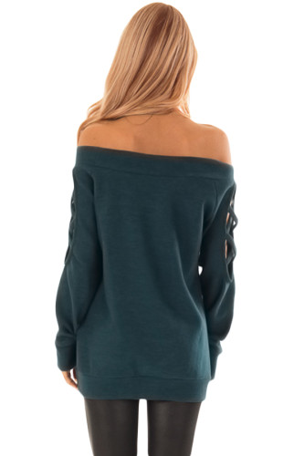 Dark Turquoise Crisscross Cutout Long Sleeve Off Shoulder Top