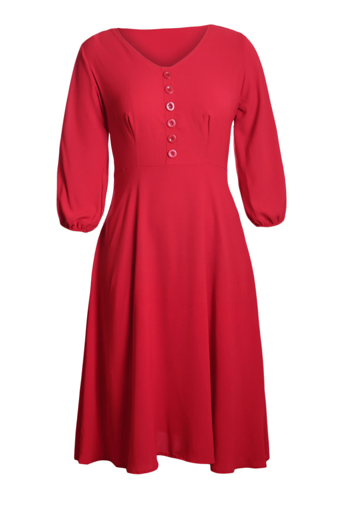 Red Button Front Balloon Sleeve Vintage Dress