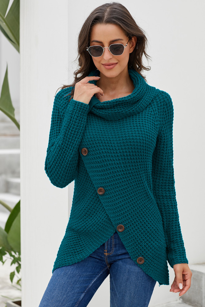 Slate Blue Buttoned Wrap Turtleneck Sweater