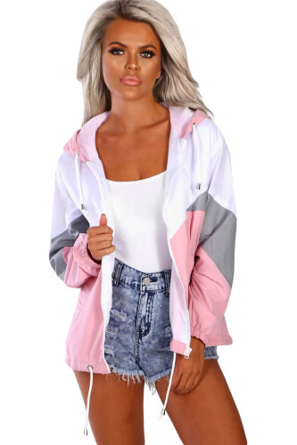Pink Hooded Triple Color Block Sporty Jacket