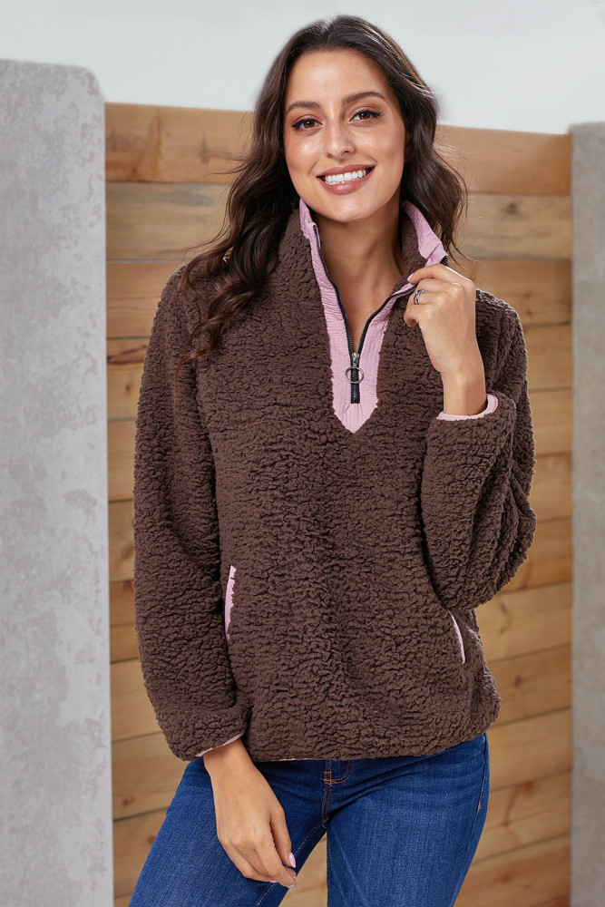 Brown Zip Neck Furry Sweatshirt