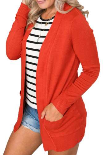 Coral Red Knit Long Sleeve Cardigan Top with Pockets