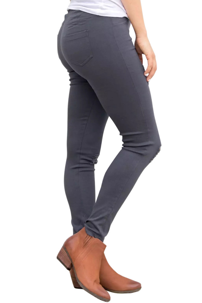Gray Distressed Front Stretch Denim Pants