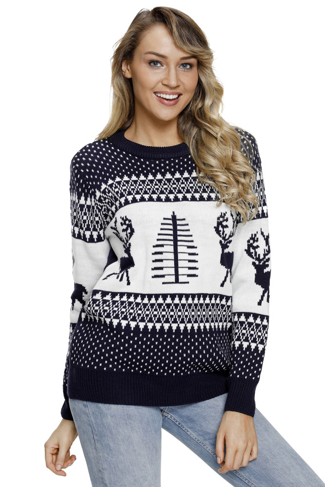Navy White Reindeer and Christmas Tree Sweater