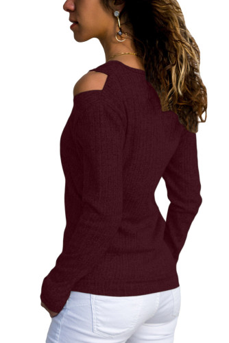 Burgundy Ribbed V Neck Cold Shoulder Top