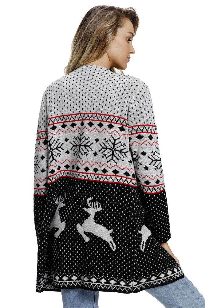 Reindeer in the Snow Gray Black Blocked Christmas Cardigan
