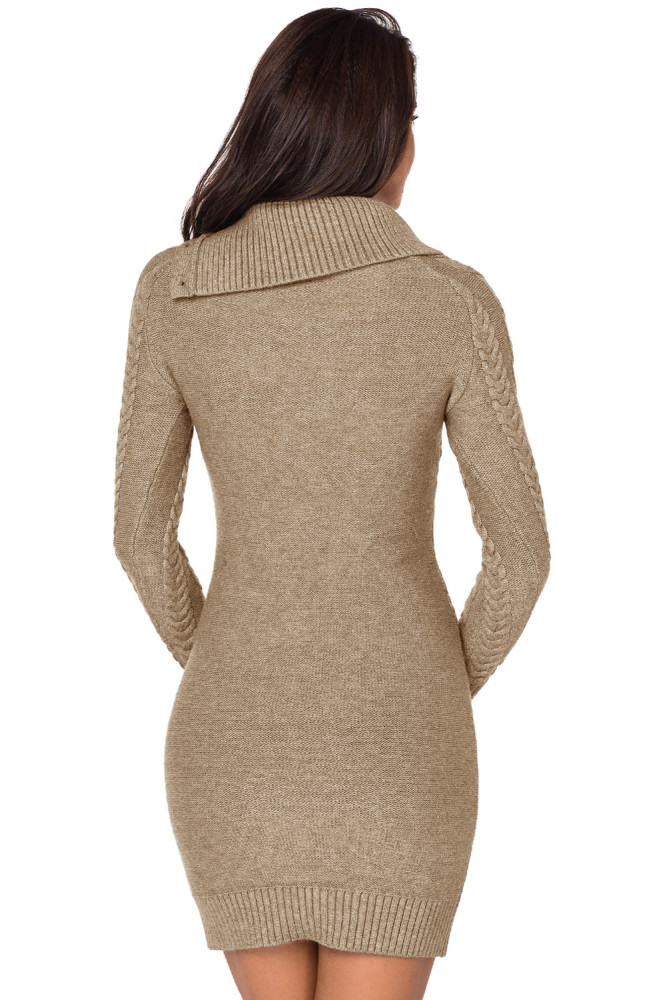 Asymmetric Buttoned Collar Apricot Bodycon Sweater Dress