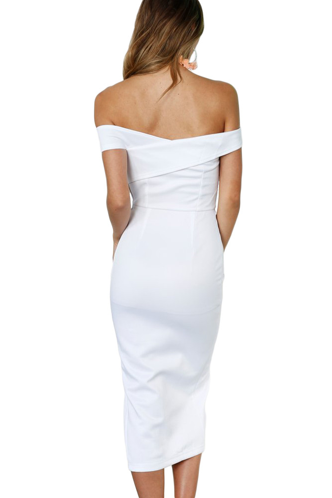White Bodycon Off Shoulder Split Midi Dress